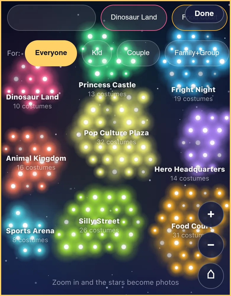 The costume galaxy: glowing clusters of Dinosaur Land, Princess Castle, Fright Night, and more