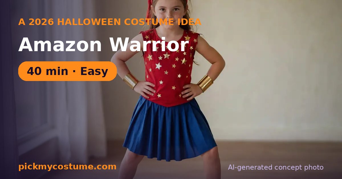 DIY amazon warrior costume built from red top, blue shorts or skirt, and gold craft foam for cuffs
