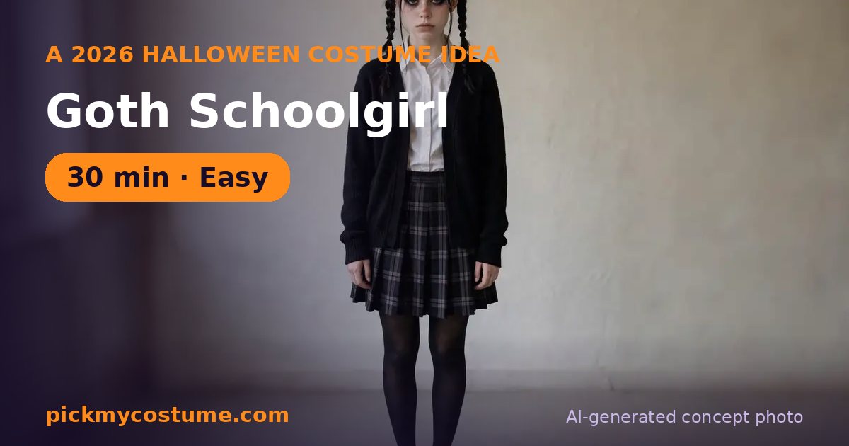 DIY goth schoolgirl costume built from plaid skirt or black skirt, white collared shirt, and black cardigan or sweater