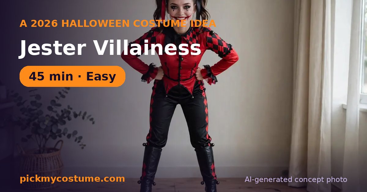 DIY jester villainess costume built from red top, black bottoms, and red and black non-toxic face paint