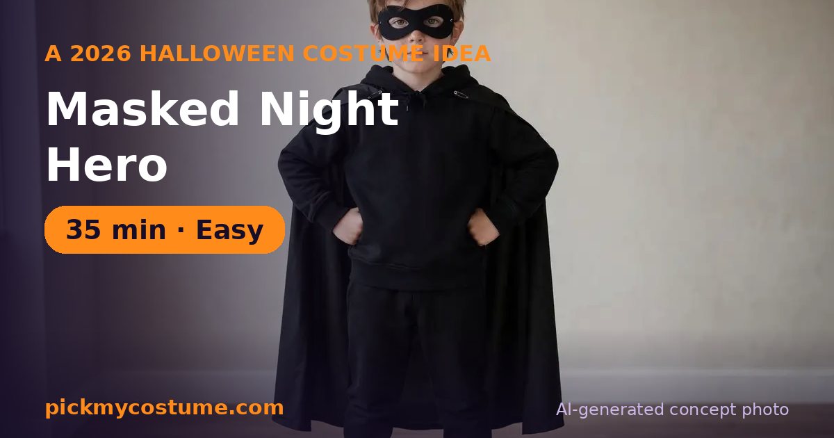 DIY masked night hero costume built from old pillowcase or t-shirt, black shirt and pants or sweatsuit, and black felt