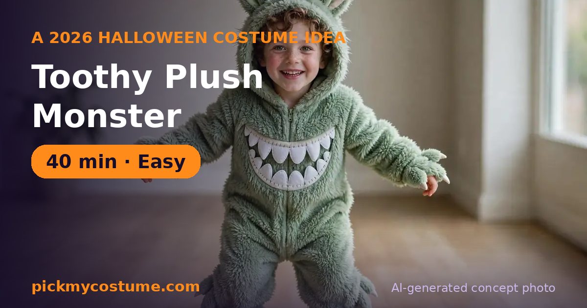 DIY toothy plush monster costume built from fuzzy one-piece pajamas or sweatsuit, white felt, and felt for tall ears